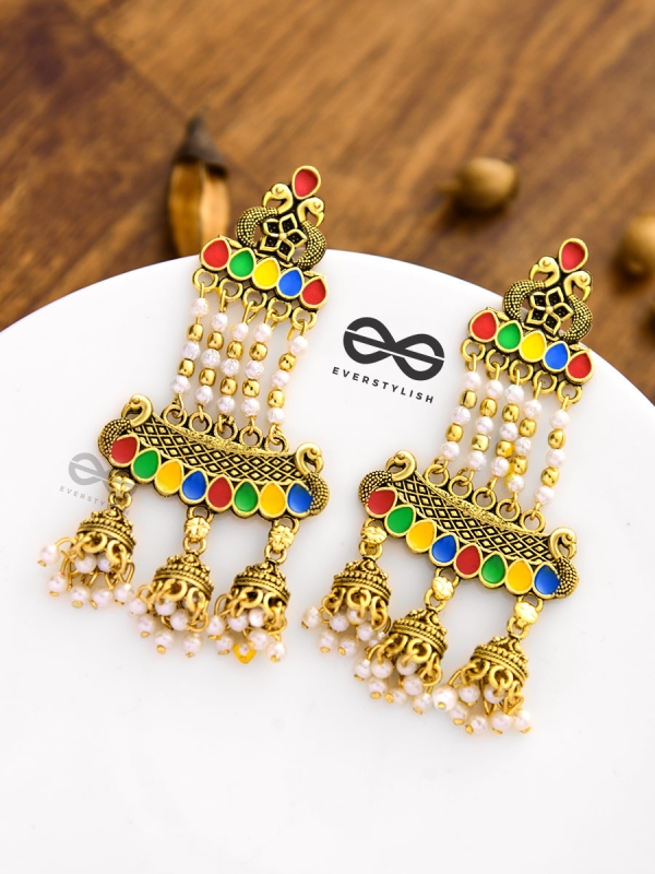The Enamelled Peacock Artwork Earrings (Golden)