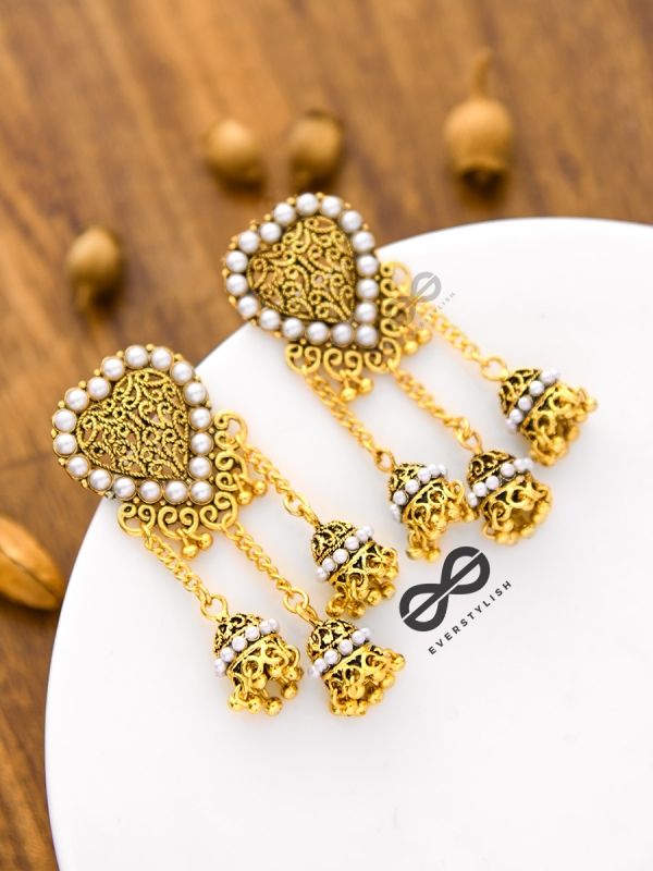 The Boho Pearl Heart Triple Jhumki Earrings (Golden)