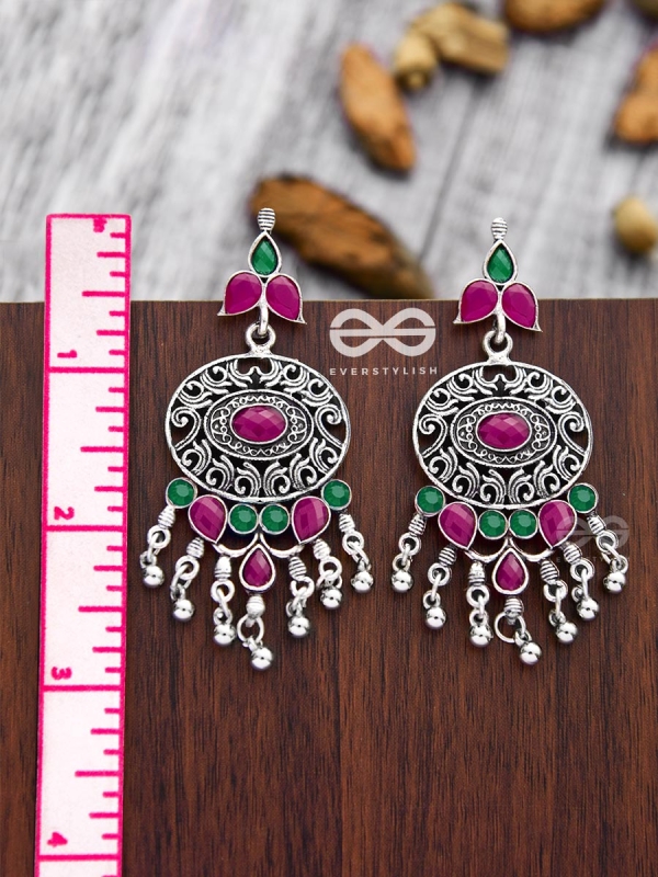 The Playful Elegance - Embellished Oxidised Earrings (Ruby Emerald)