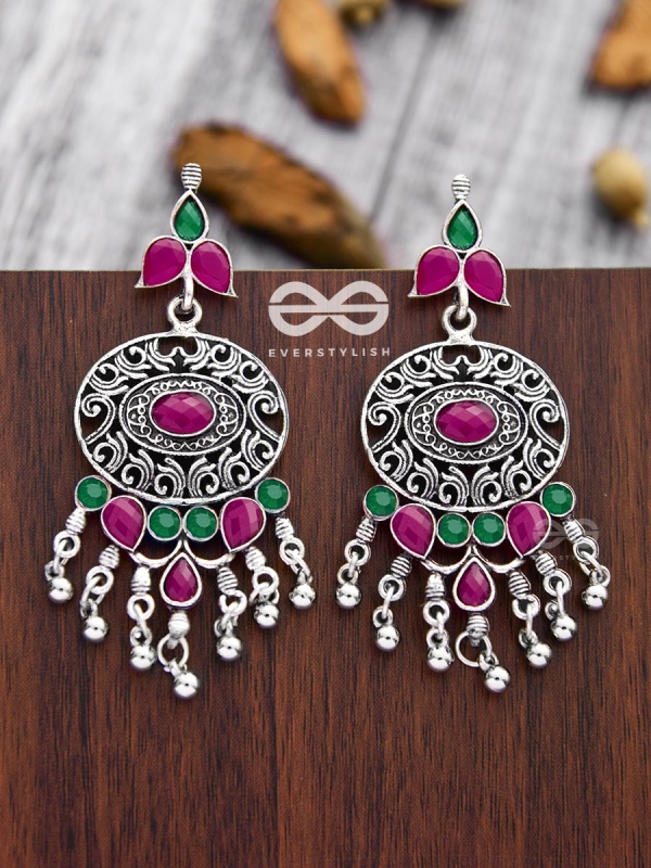 The Playful Elegance - Embellished Oxidised Earrings (Ruby Emerald)