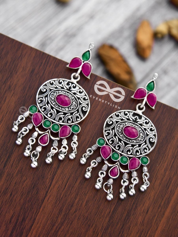 The Playful Elegance - Embellished Oxidised Earrings (Ruby Emerald)