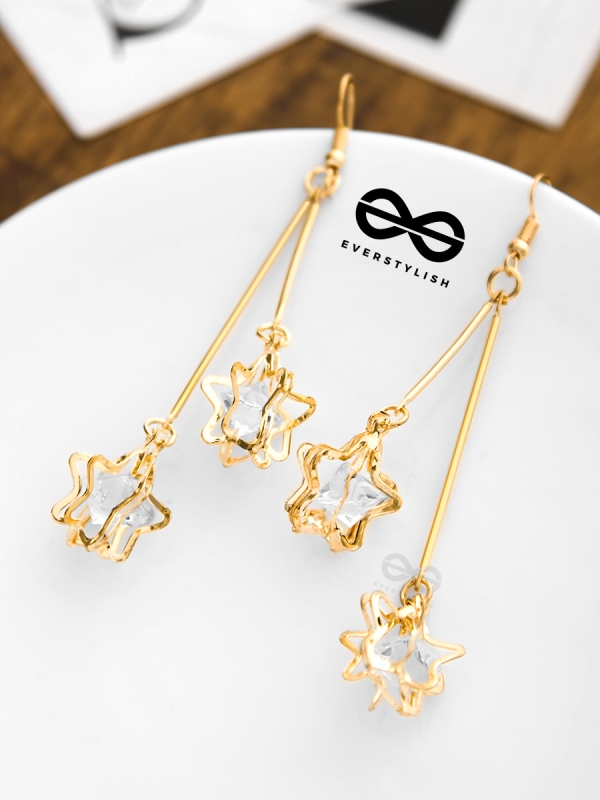 The Double Star Studded Danglers - Golden Casual Earrings
