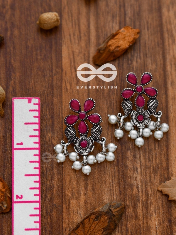 'A Floral Fantasy' - Embellished Oxidised Earrings (Ruby Red)