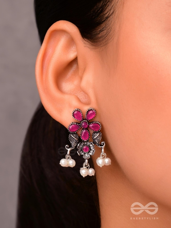 'A Floral Fantasy' - Embellished Oxidised Earrings (Ruby Red)