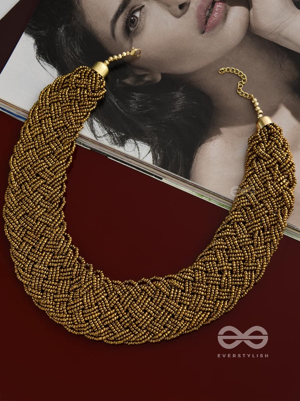 The Beauteous Braided Criss-Cross Beaded Necklace (Golden)