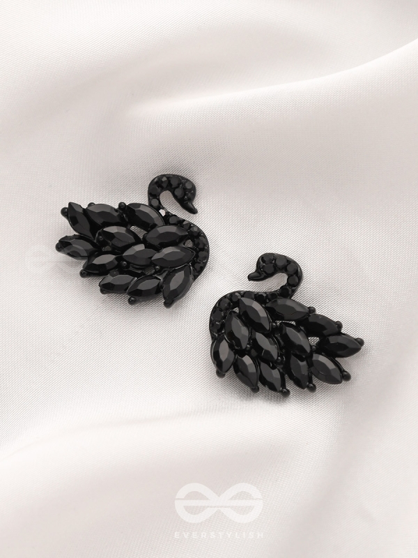The Crystal Feathered Swans - Statement Embellished Studs - Black