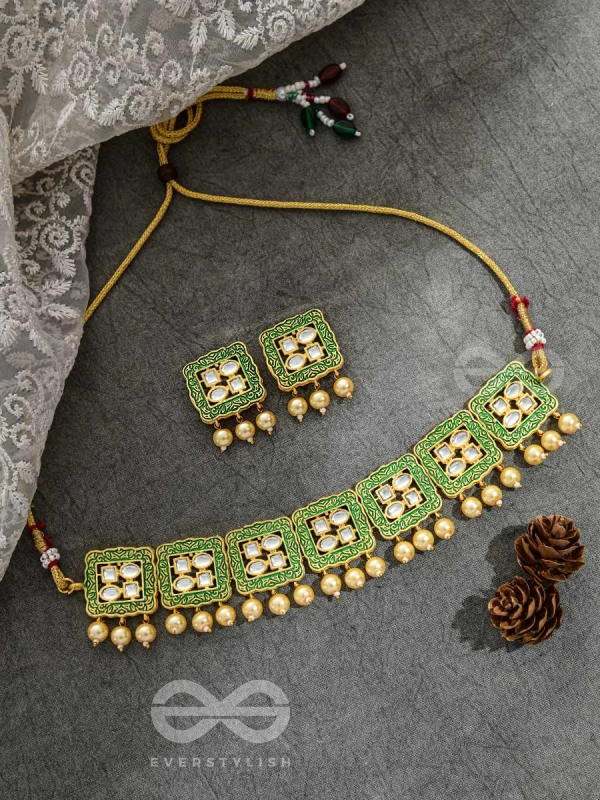 The Windows of Opulence - Set of Statement Choker and Earrings( INDIA GREEN)