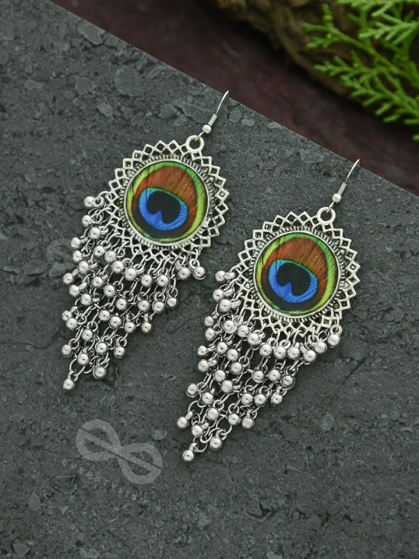 The Peacock Feather Jhallars - Oxidised Boho Earrings