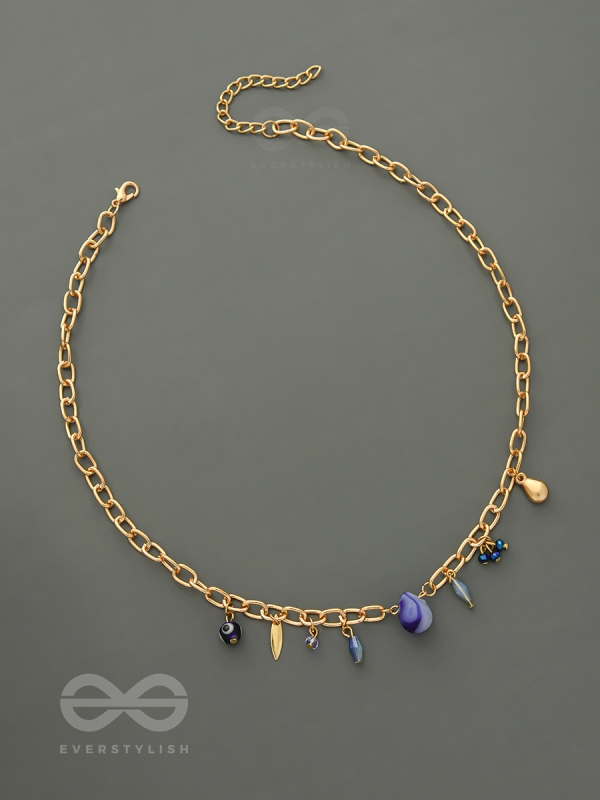Fragments of the Sky- Blue Crystals Studded Golden Necklace