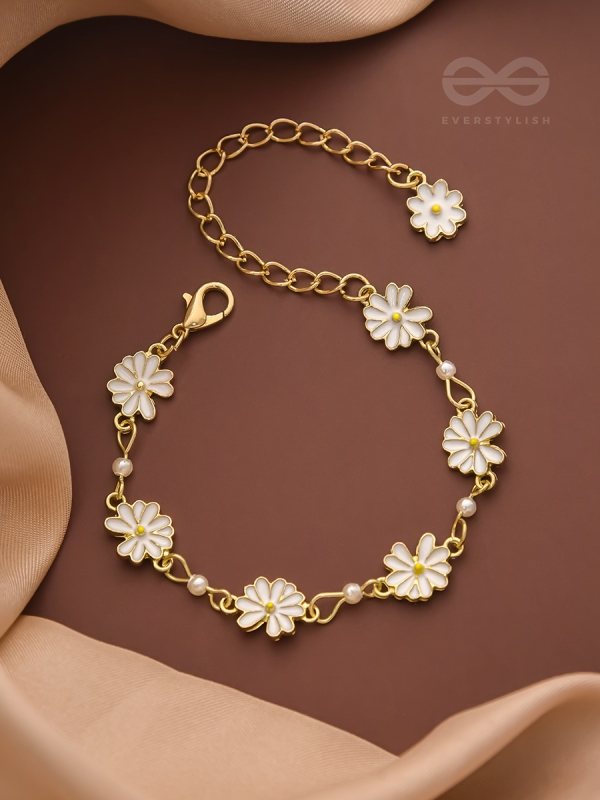The Valley of Flowers- Enamelled Golden Bracelet (White)