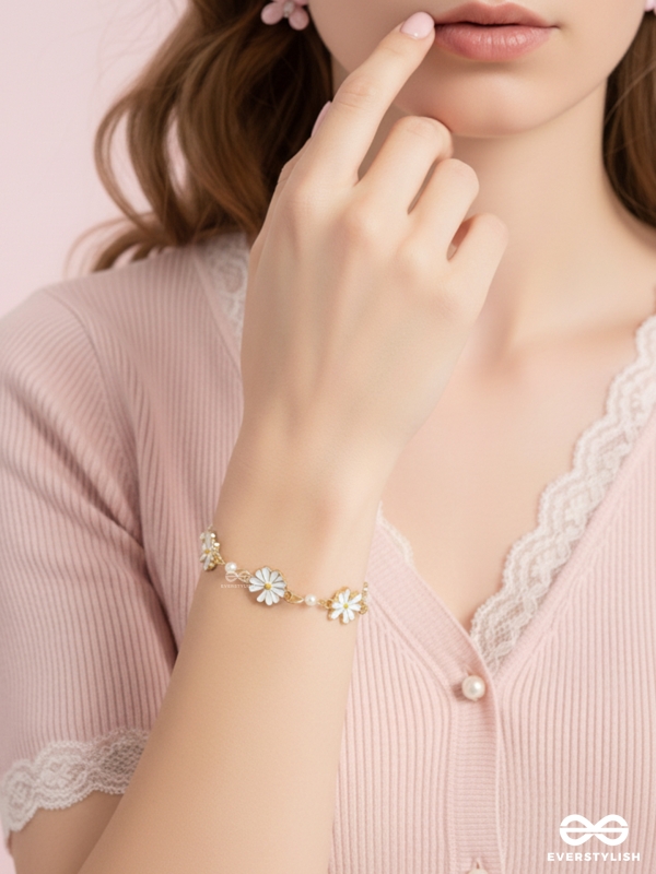 The Valley of Flowers- Enamelled Golden Bracelet (White)