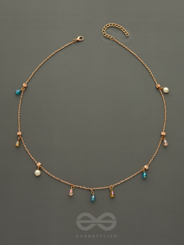 Rain In Paradise- Pearls And Crystals Studded Golden Necklace With Anti-Tarnish Coating