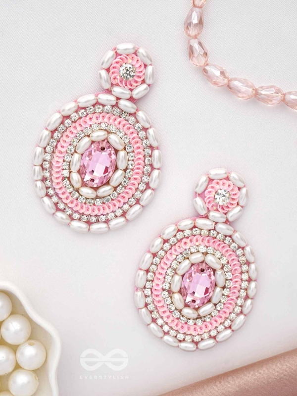  PRATIBIMB- THE RESPLENDENT REFLECTION- STONE, PEARLS AND SEQUINS EMBROIDERED EARRINGS (BLUSH PINK)