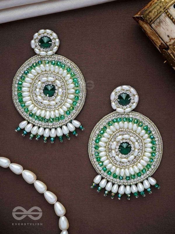 Advaita- The Unique Sphere- Emerald Green Stone, Pearls, and  Glass Beads Embroidered Earrings