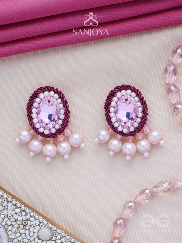  PANKEROOH- THE LOVELY LOTUS - PEARL AND STONE EMBROIDERED EARRINGS (BLUSH PINK & MAGENTA)