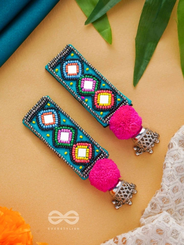 VARNAD- THE COLORFUL- BEADS AND MIRRORS EMBROIDERED EARRINGS (Parakeet Green, Ebony & Fuchsia Pink)