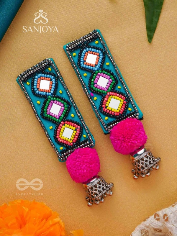 VARNAD- THE COLORFUL- BEADS AND MIRRORS EMBROIDERED EARRINGS (Parakeet Green, Ebony & Fuchsia Pink)