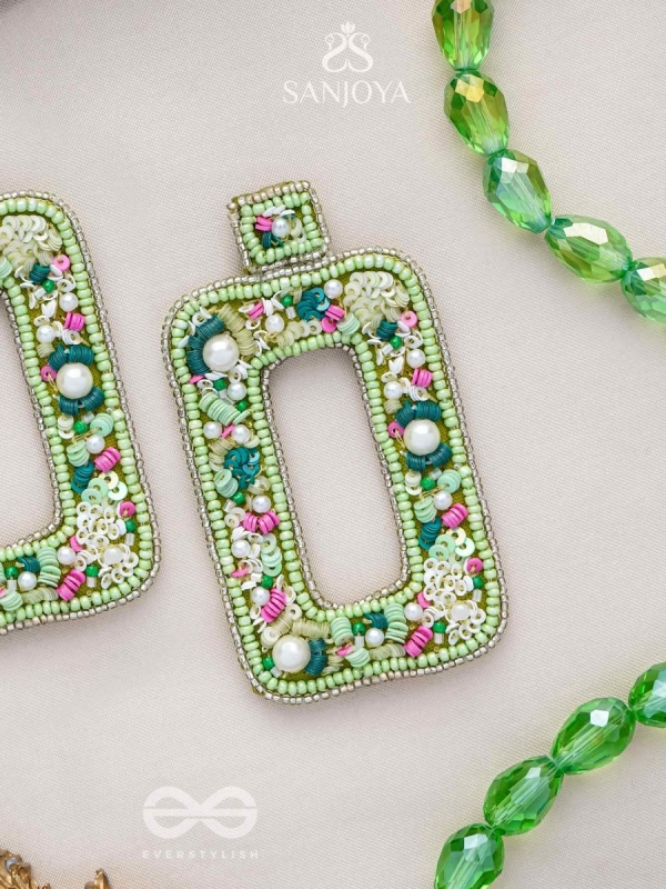 Aardratva - The Verdant - Sequins, Pearls And Beads Hand Embroidered Earrings (Lime Green)
