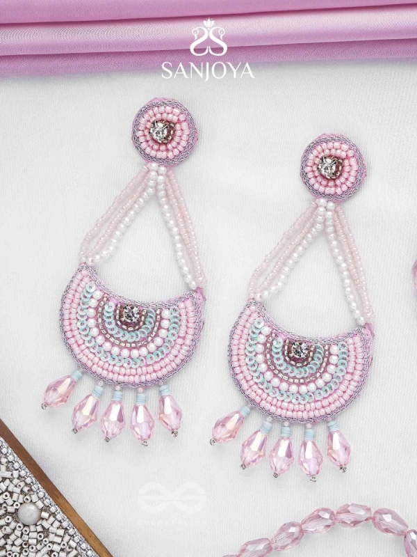 Utksiptika - The Glorious Crescent - Beads, Sequins And Glass Drops Hand Embroidered Earrings (Blush Pink & Mint Green)