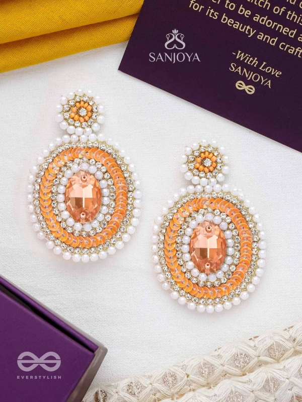 Vitanka - The Beautiful Ovals - Sequins, Stones And Beads Hand Embroidered Earrings (Carrot Orange)