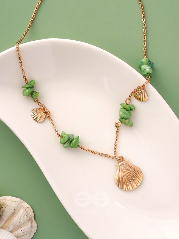 Shells N Pebbles- Golden And Olive Green Stone Necklace With Anti-Tarnish Coating 