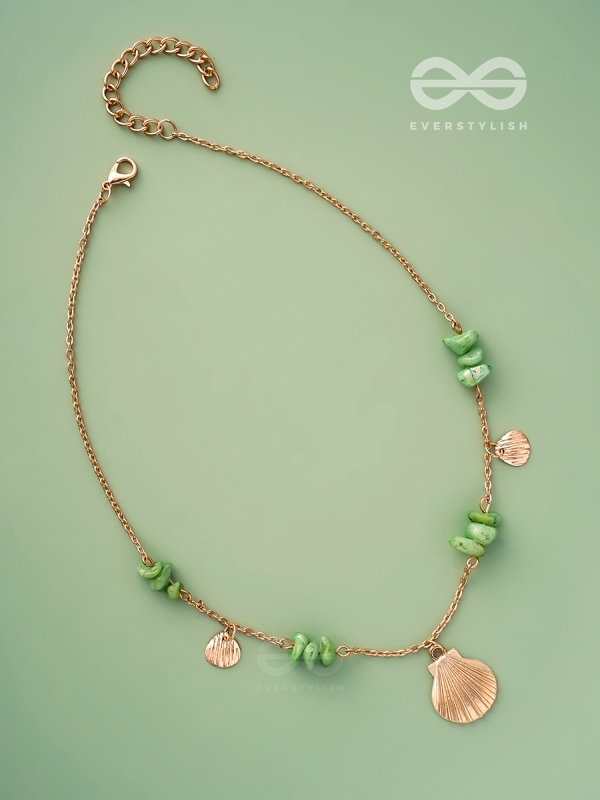 Shells N Pebbles- Golden And Olive Green Stone Necklace With Anti-Tarnish Coating 