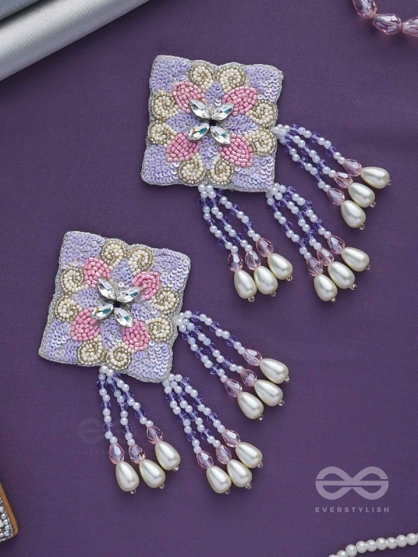 Chatushka- The Graceful Square- Sequins, Stones and Glass Beads Embroidered Earrings 