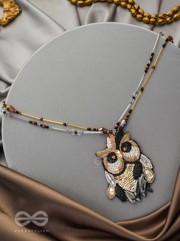 Shakuneya - The Owl King -  Sequins And Cutdana Hand Embroidered Necklace (Ebony Black And Golden)