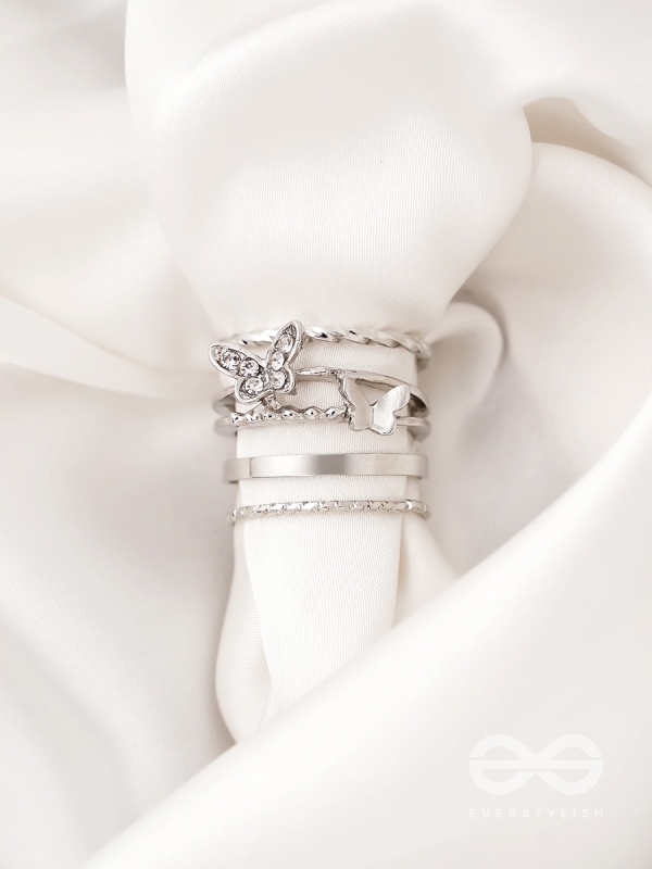 Moons n Butterfly- Set of 4 Silver Rings
