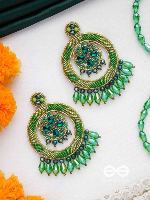 Sauparna- The Elegant Emerald- Stones and Glass Drops Embroidered Earrings