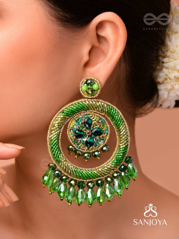 Sauparna- The Elegant Emerald- Stones and Glass Drops Embroidered Earrings