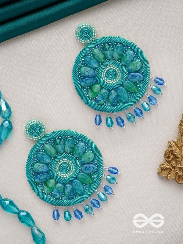 Anushna- The Blue Lotus- Stones and Glass Drops Embroidered Earrings