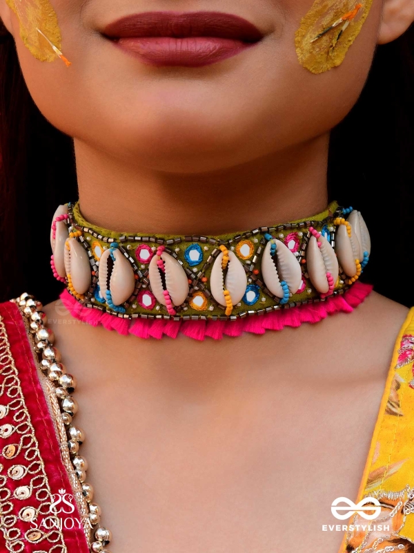 Dyotana - The Sparkling Colors - Shells, Resham And Mirror Hand Embroidered Choker Neckpiece