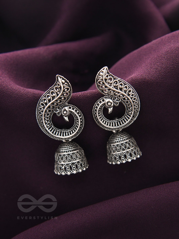The Reclining Peacock - Oxidised Jhumka Earrings