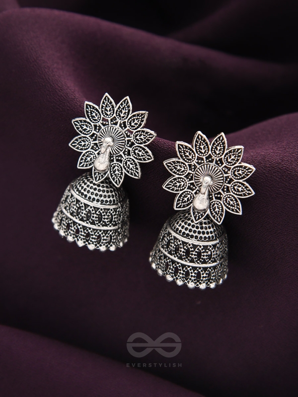 The White Peacock - Oxidised Jhumka Earrings