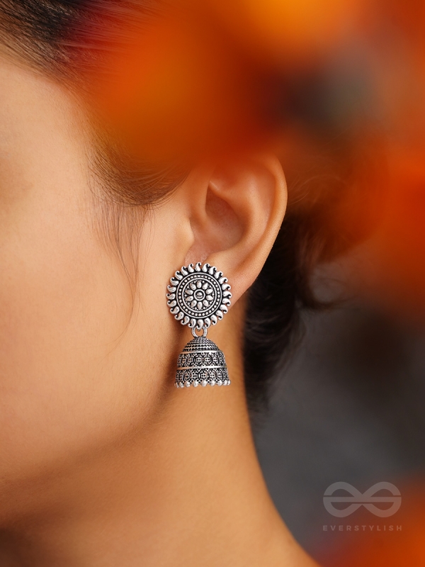 The Sheeny Sun- Oxidised Jhumka Earrings