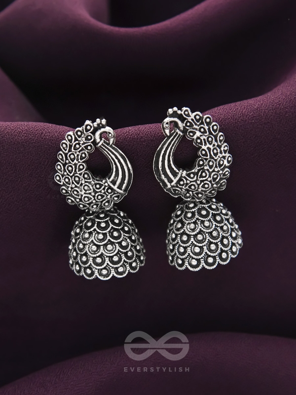 The Twirling Peacock- Oxidised Jhumka Earrings
