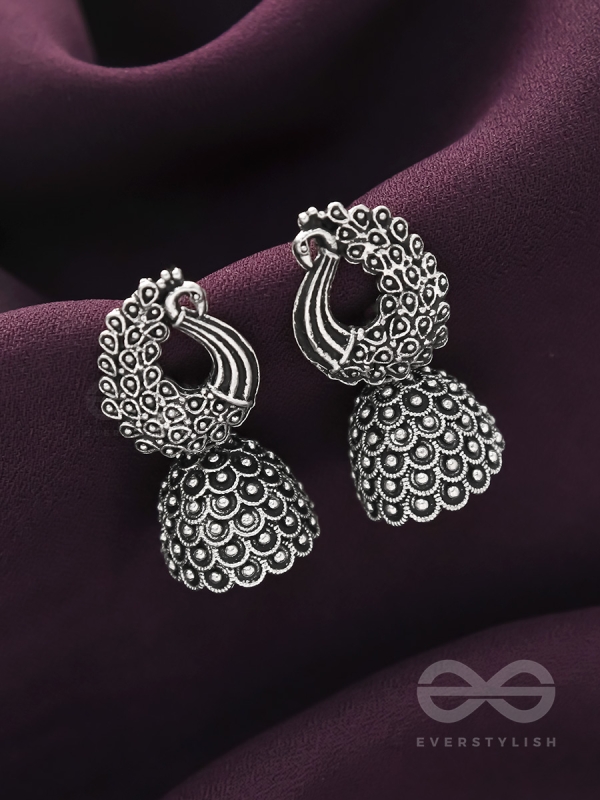 The Twirling Peacock- Oxidised Jhumka Earrings