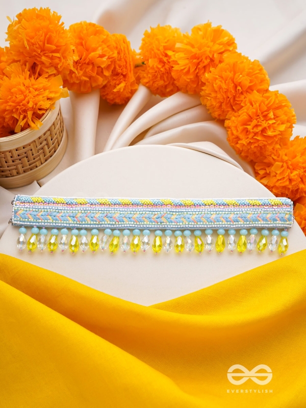 Kelih - Garden Of Sky - Resham, Cutdana And Glass Drops Hand Embroidered Choker Neckpiece