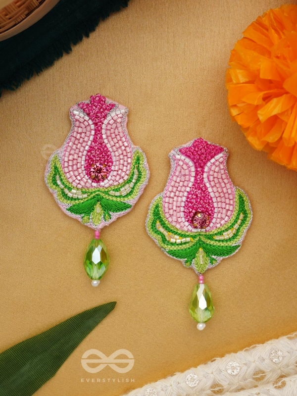 Ambuda- The Lotus Bud- Resham and Glass Drops Embroidered Earrings