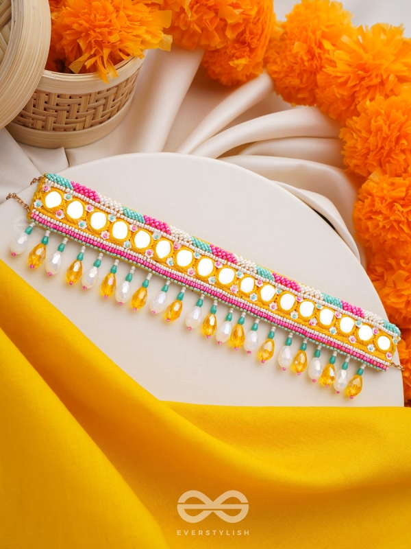 Suvarna - The Golden Stunner - Mirror, Lace And Beads Hand Embroidered Choker Neckpiece