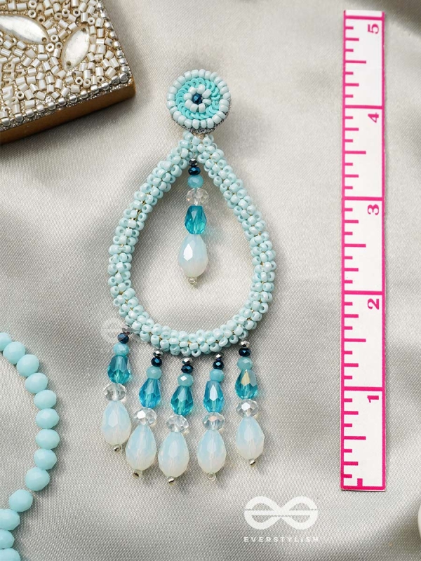 Ashvasya - The Boundless Beauty -  Beads And Glass Drops Hand Embroidered Earrings (Cyan Blue)