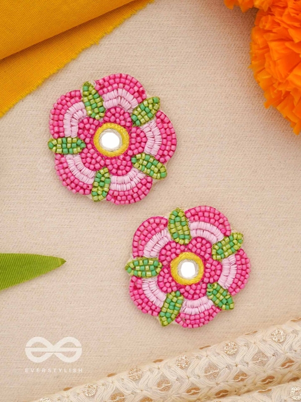 Saumana- The Pink Blossom- Resham and Mirror Embroidered Earrings