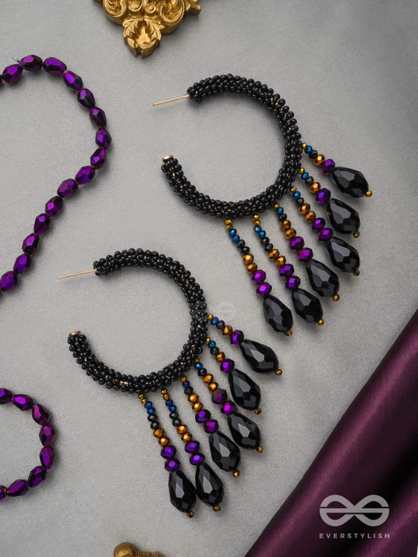 Tamisra- The Melting Night- Glass Drops and Beads Embroidered Hoop Earrings