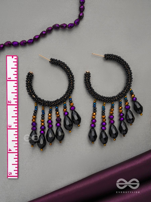 Tamisra- The Melting Night- Glass Drops and Beads Embroidered Hoop Earrings