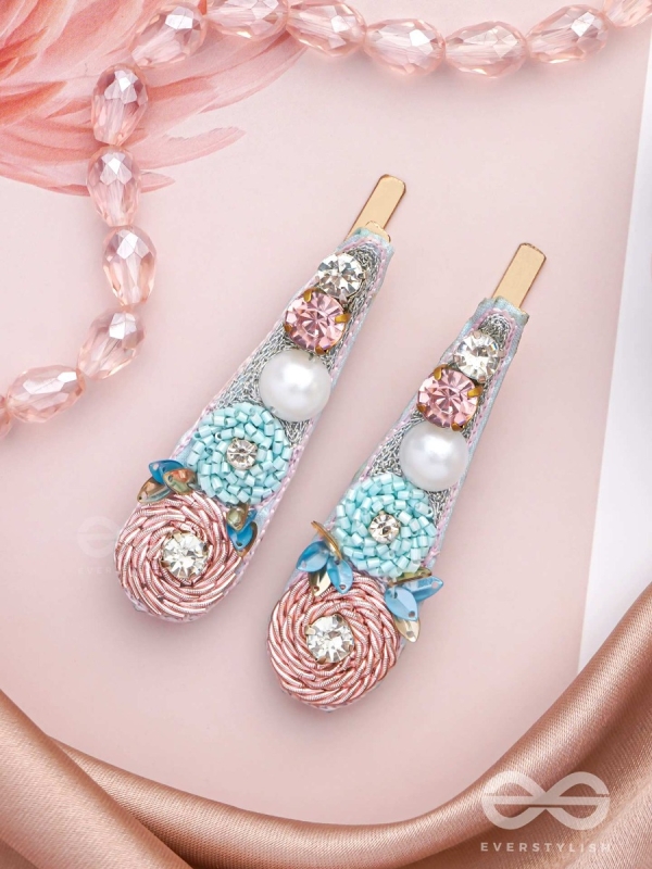 Kelivana - The Pleasant Garden - Stones, Dabka, Pearls And Sequins Hand Embroidered Hair Clips