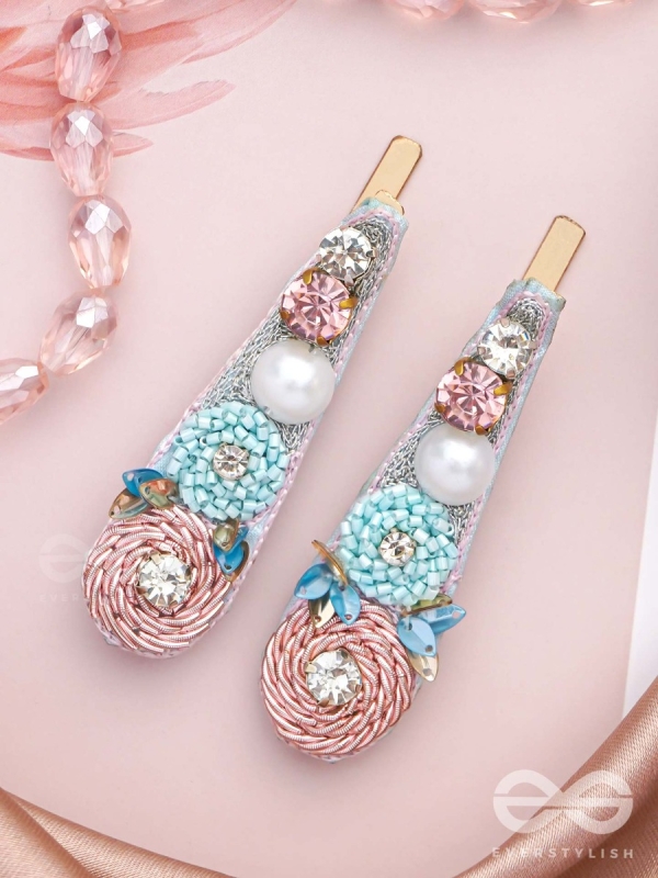 Kelivana - The Pleasant Garden - Stones, Dabka, Pearls And Sequins Hand Embroidered Hair Clips