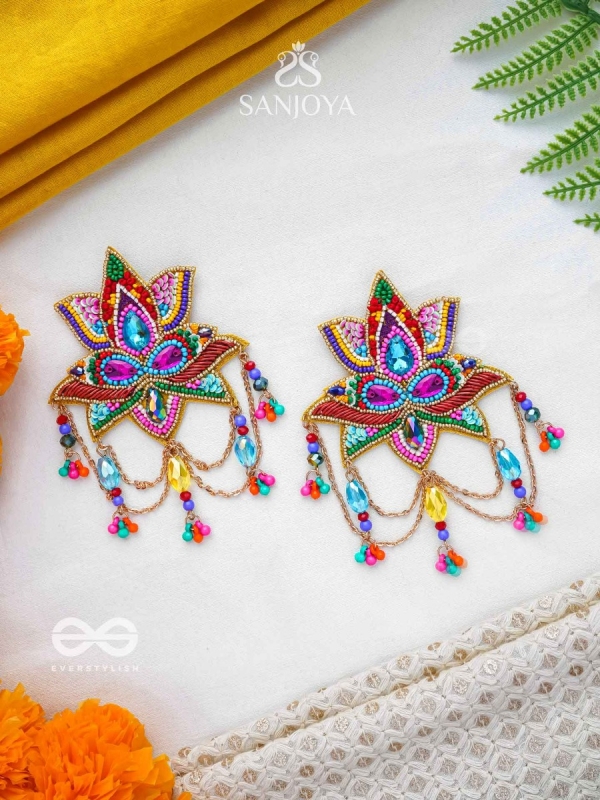 Karnika- The Lovely Lotus- Stones, Sequins and Resham Embroidered Statement Earrings