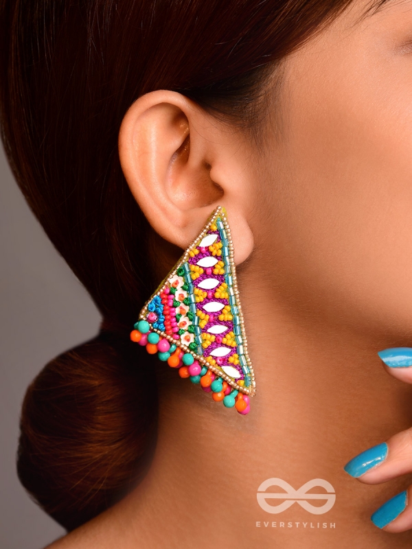 Shikharin - The Gorgeous Pyramid - Mirrors, Beads And Resham Hand Embroidered Stud Earrings