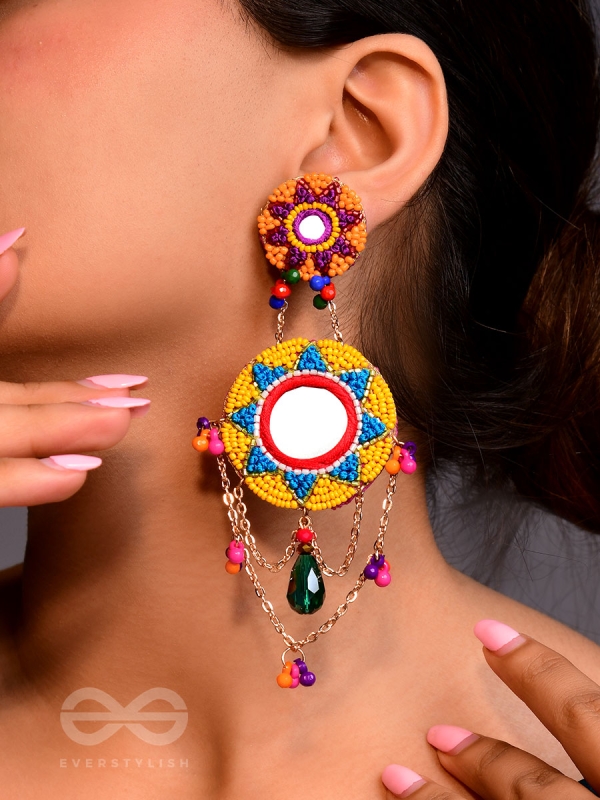 Rashmivat - The Golden Sun - Mirrors, Resham And Beads Hand Embroidered Earrings